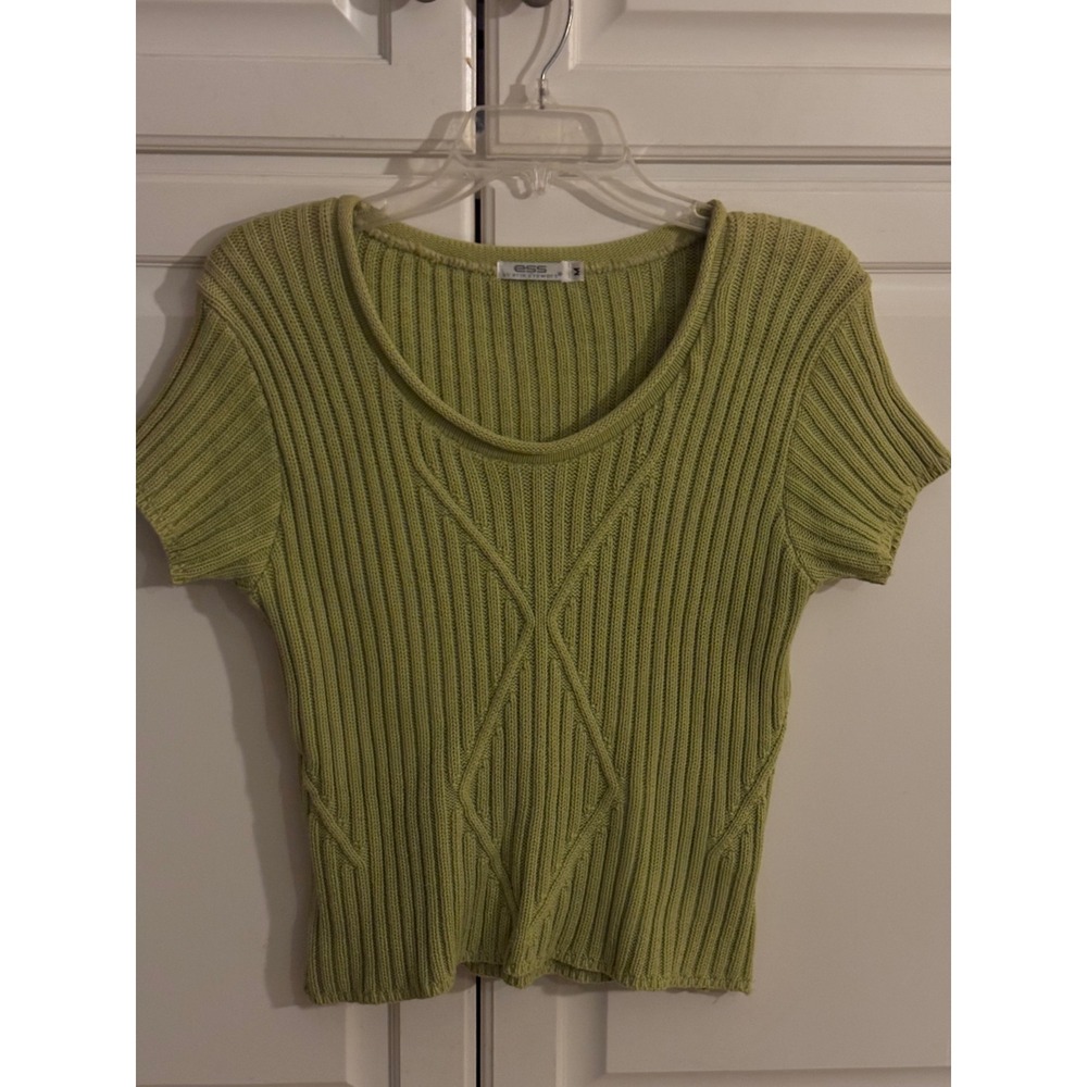 ESS by Erik Stewart Green Ribbed Knit Short Sleeve Cotton Sweater Size M